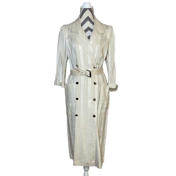 Leslie Fay Vintage Double Breast Linen Beige Gold Pinstripe Coat Dress Size 12 - Picture 1 of 8